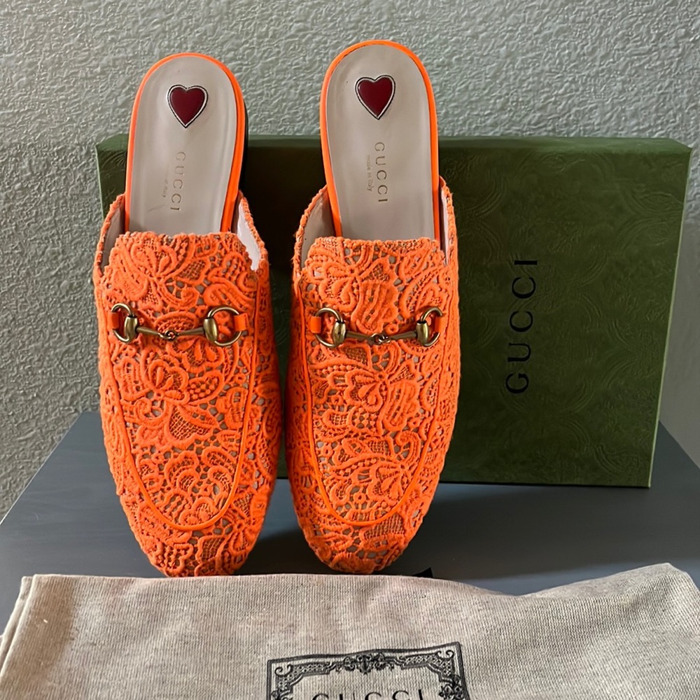 Gucci Orange Princetown Lace Mules